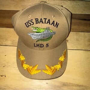 USS Bataan LHD 5 Embroidered Tan Baseball Cap Hat Alligator Ship Logo
